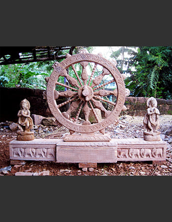 Ornate wooden temple panel with mythological scenes and detailed carvings in traditional style
