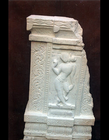 Elegant white marble Saraswati sculpture with veena and lotus seat showcasing traditional Puri marble artistry